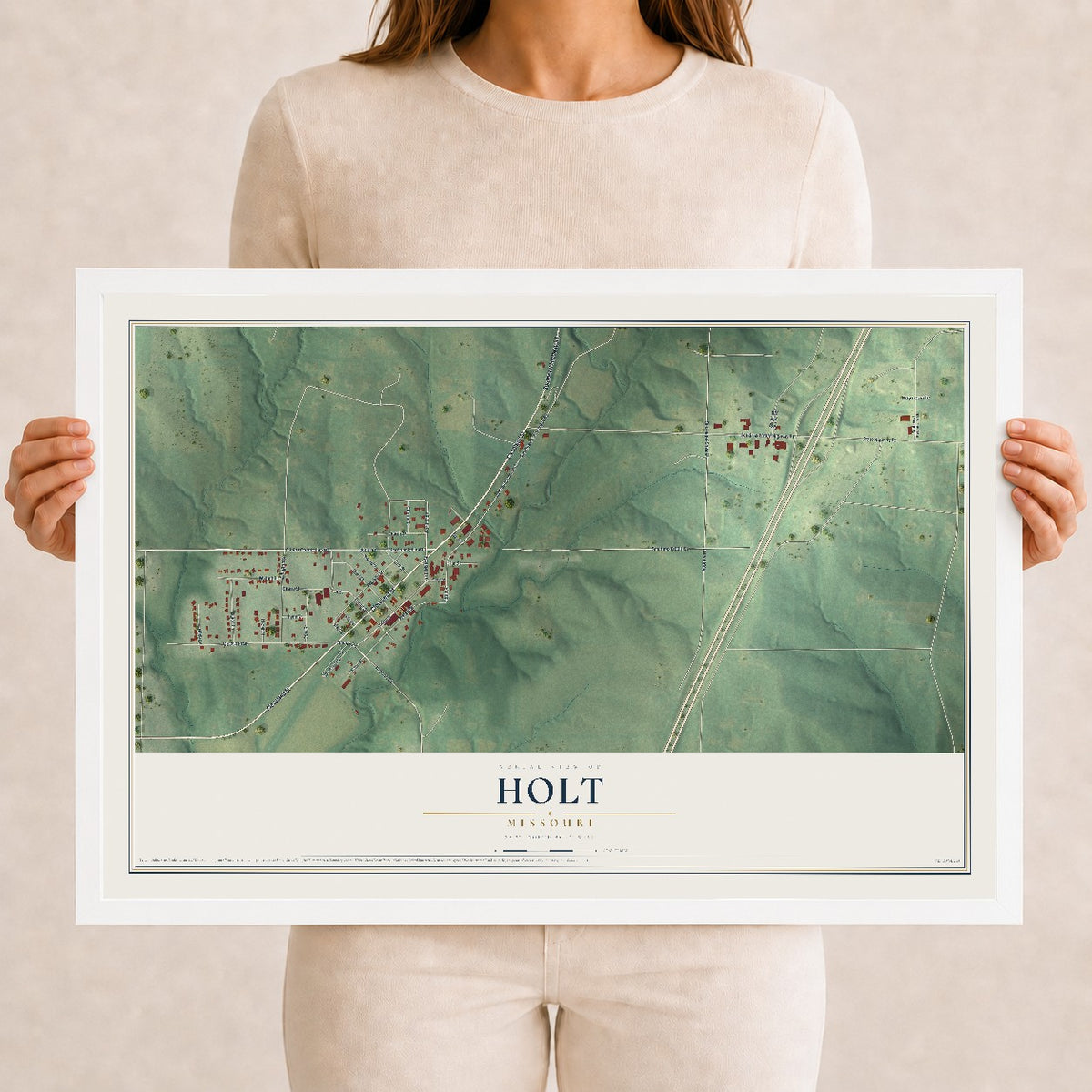 Map of Holt, Missouri, 12 x 18 inch print in a white wood frame