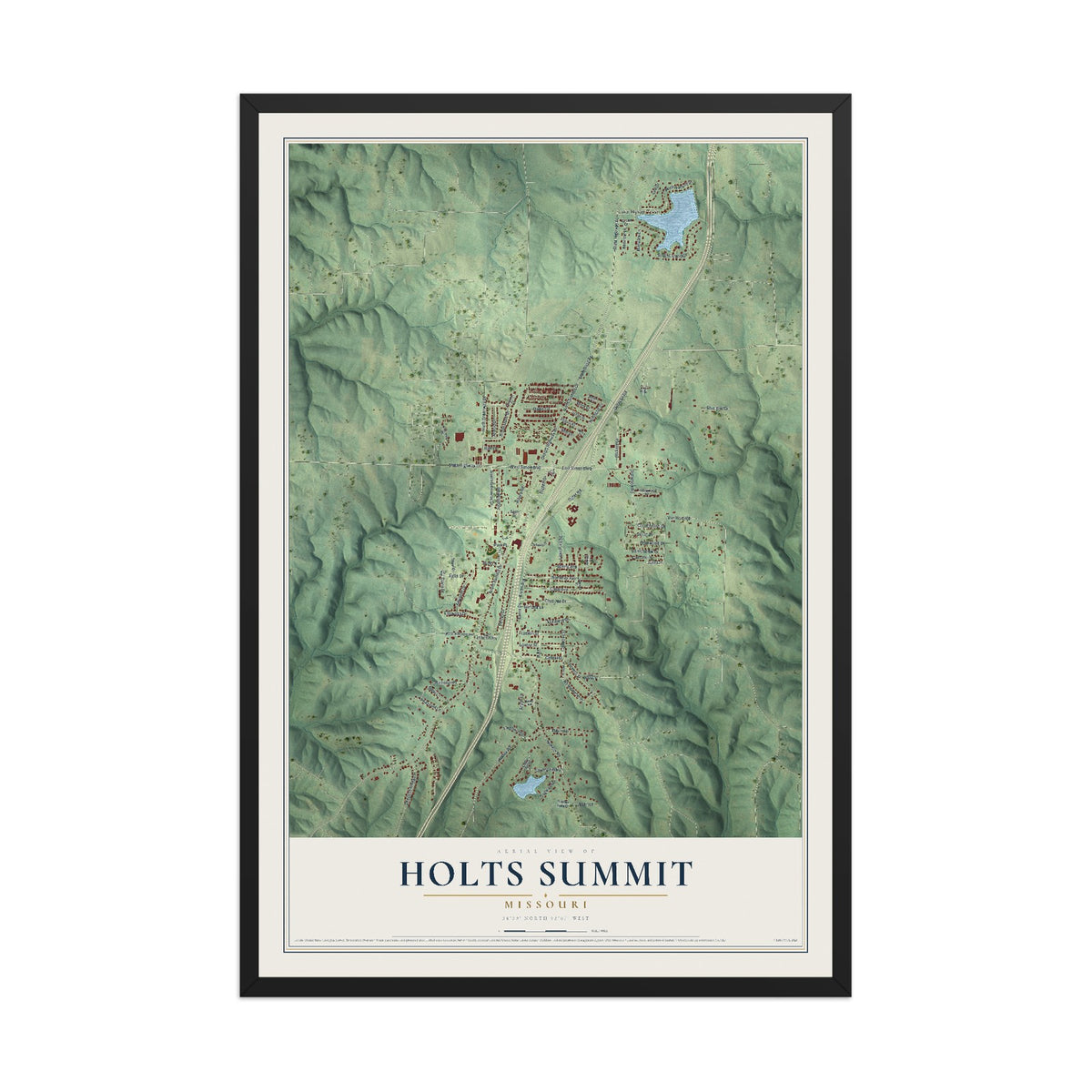 Map of Holts Summit, Missouri, 12 x 18 inch print in a black wood frame