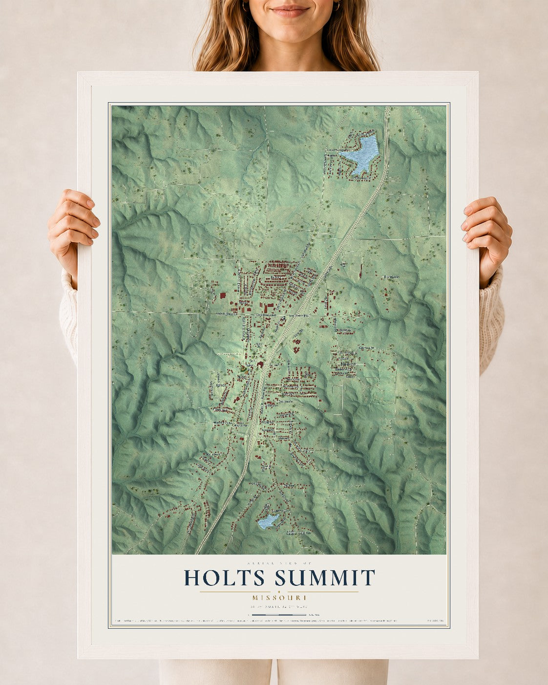 Map of Holts Summit, Missouri, 24 x 36 inch print in a white wood frame