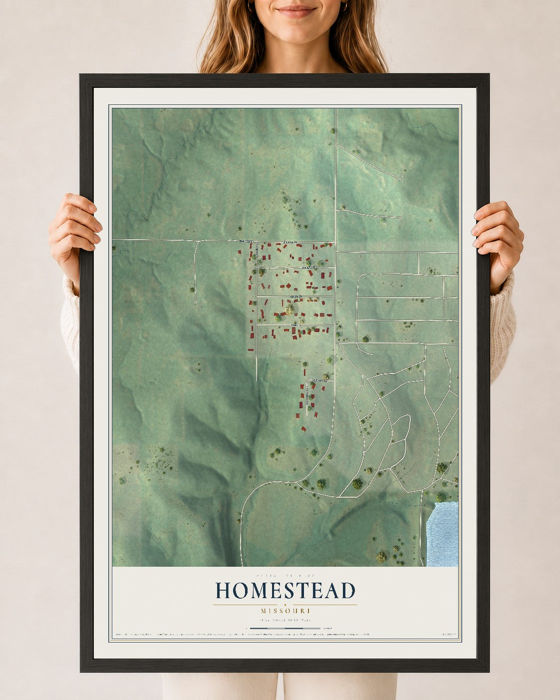 Map of Homestead, Missouri, 24 x 36 inch print in a black wood frame