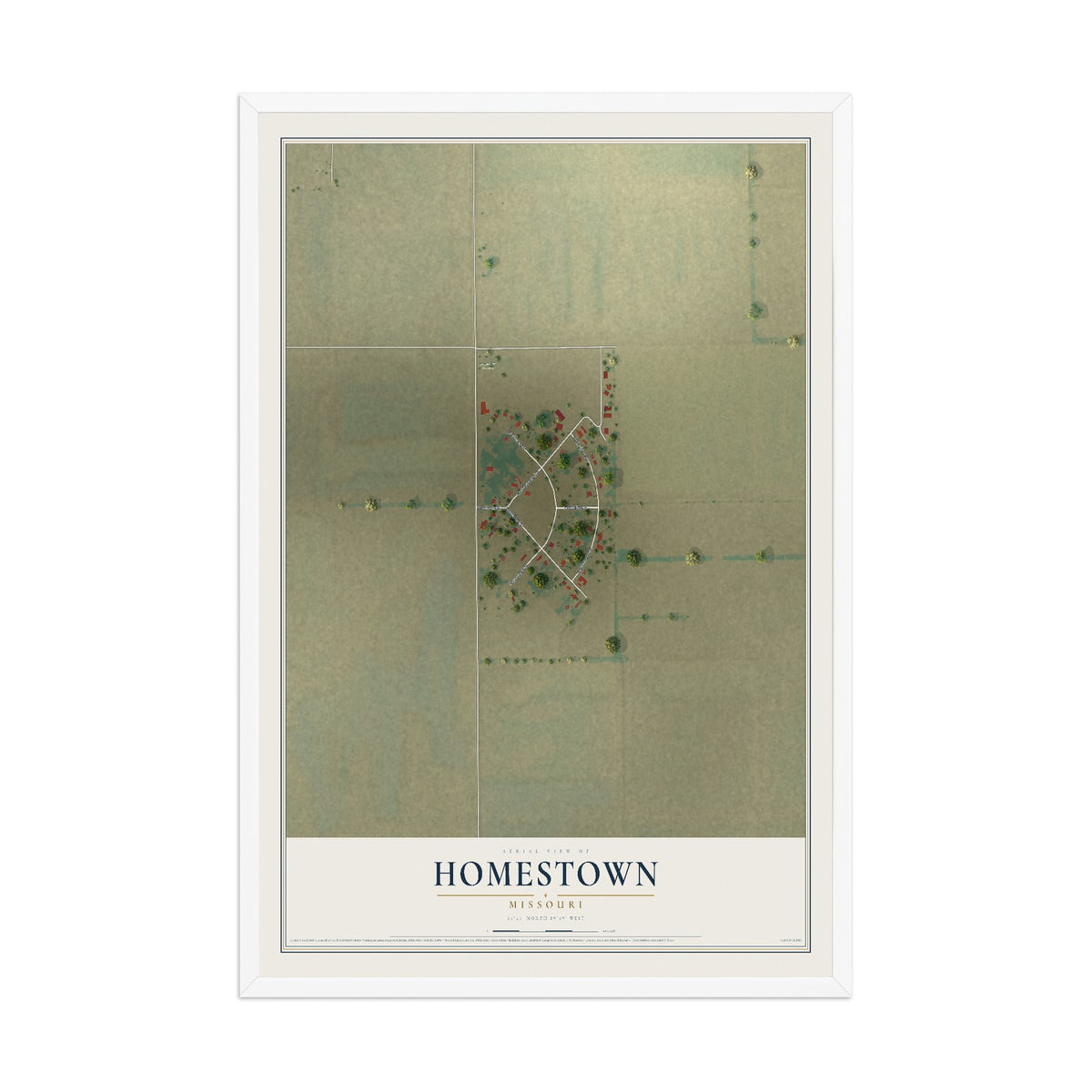 Map of Homestown, Missouri, 12 x 18 inch print in a white wood frame