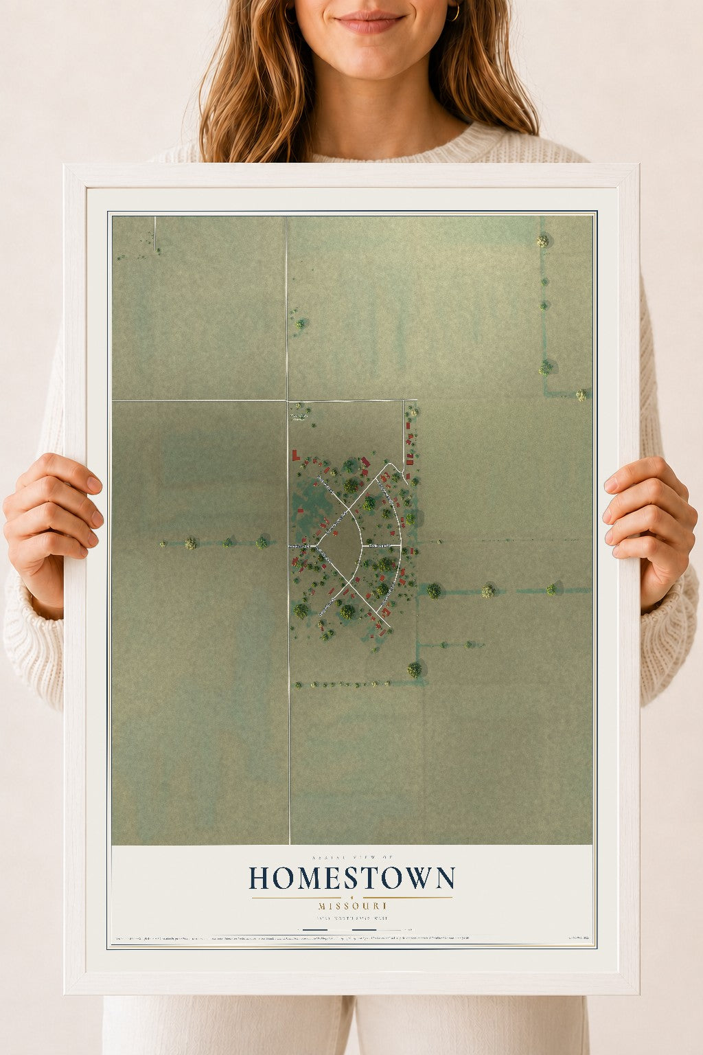 Map of Homestown, Missouri, 18 x 24 inch print in a white wood frame