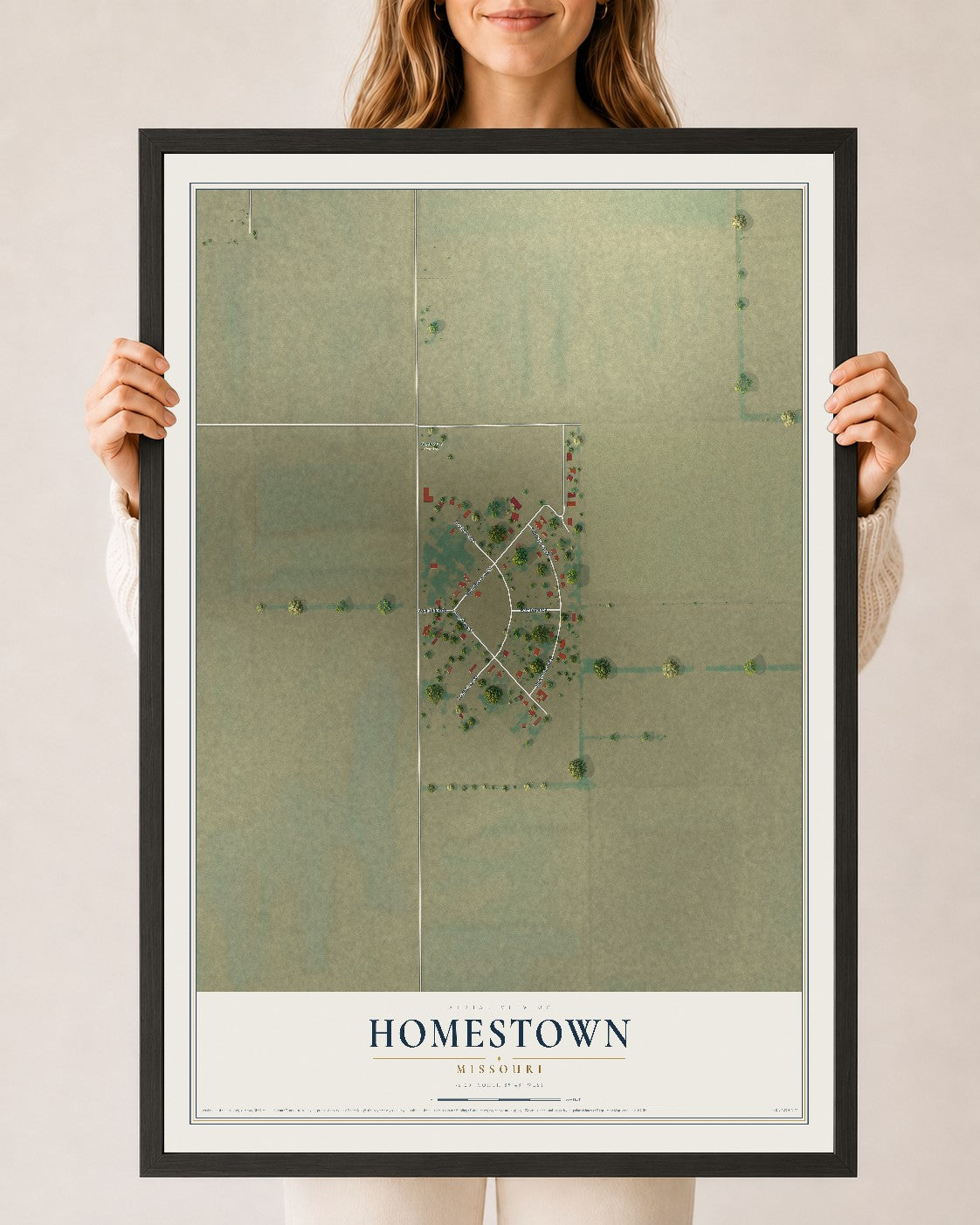 Map of Homestown, Missouri, 24 x 36 inch print in a black wood frame