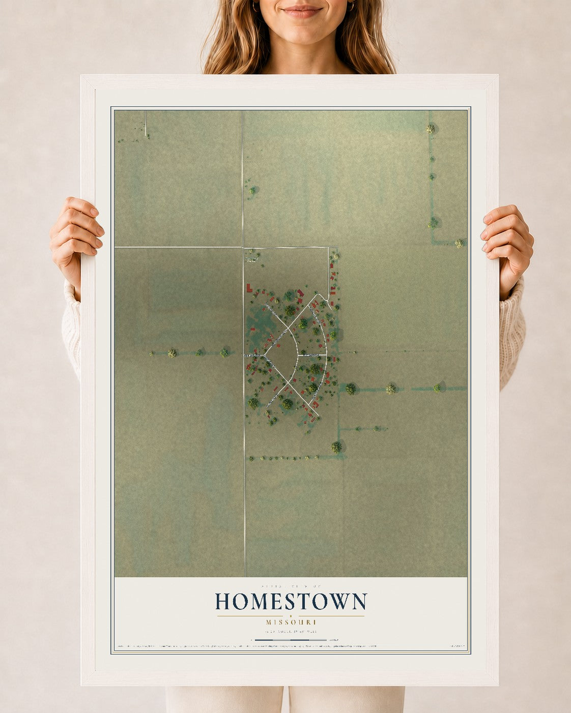 Map of Homestown, Missouri, 24 x 36 inch print in a white wood frame
