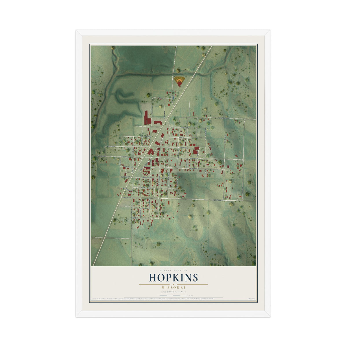 Map of Hopkins, Missouri, 12 x 18 inch print in a white wood frame