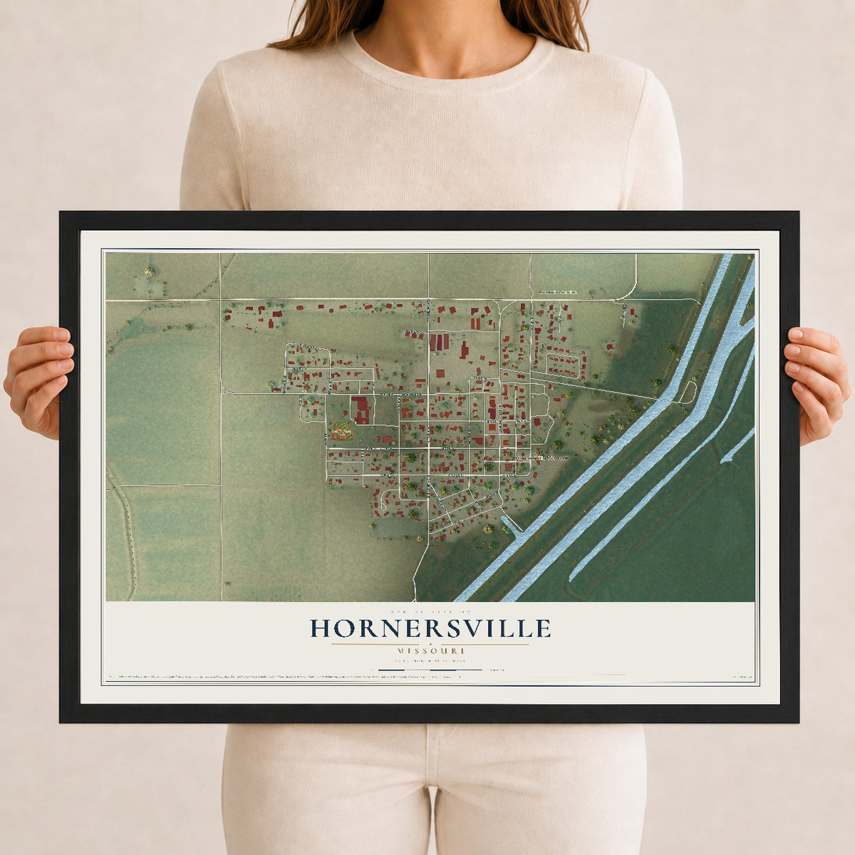 Map of Hornersville, Missouri, 12 x 18 inch print in a black wood frame