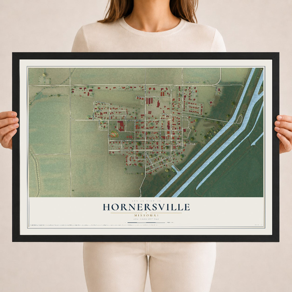 Map of Hornersville, Missouri, 18 x 24 inch print in a black wood frame