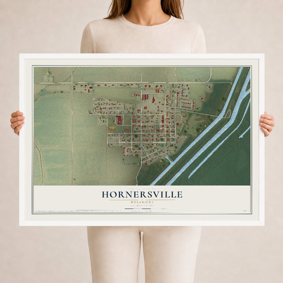Map of Hornersville, Missouri, 24 x 36 inch print in a white wood frame
