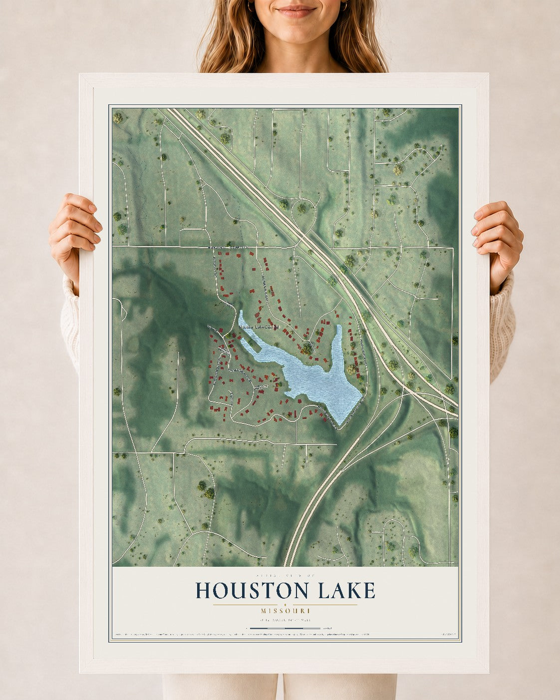 Map of Houston Lake, Missouri, 24 x 36 inch print in a white wood frame