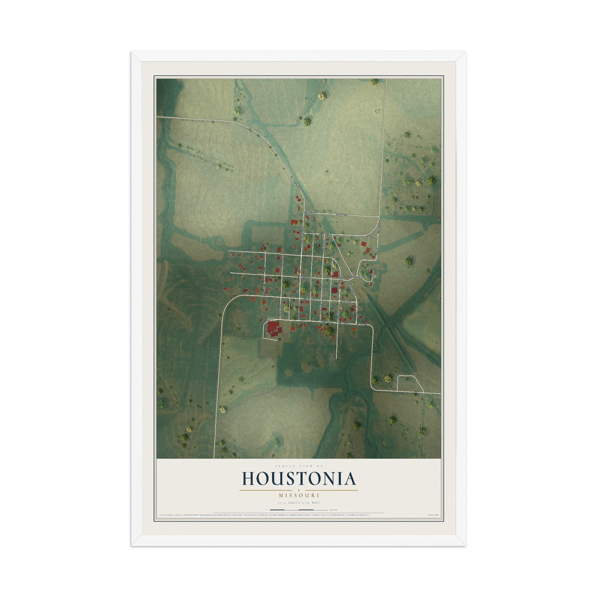 Map of Houstonia, Missouri, 12 x 18 inch print in a white wood frame