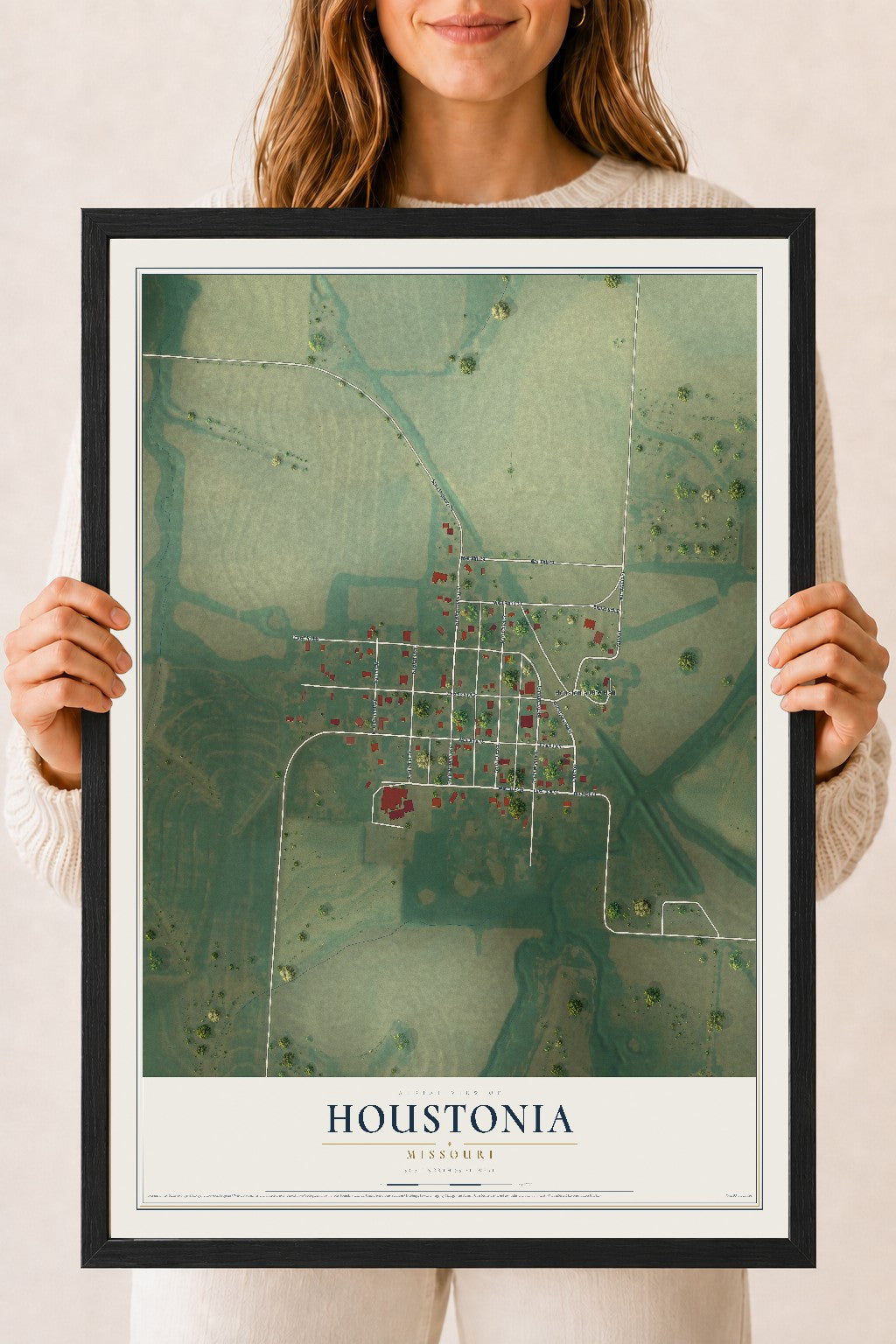 Map of Houstonia, Missouri, 18 x 24 inch print in a black wood frame