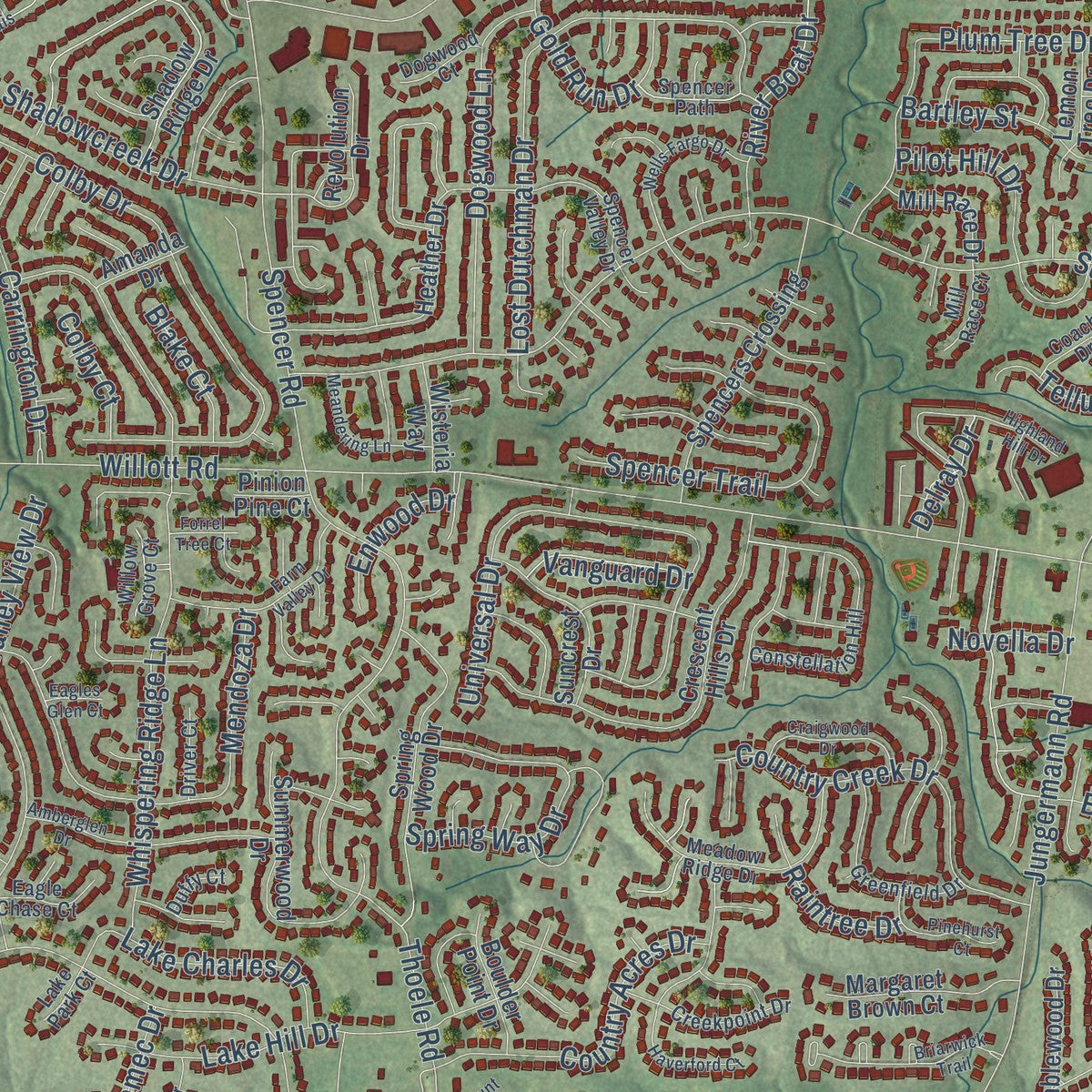 Close-up of the map of Howell, Missouri print showing street and building detail