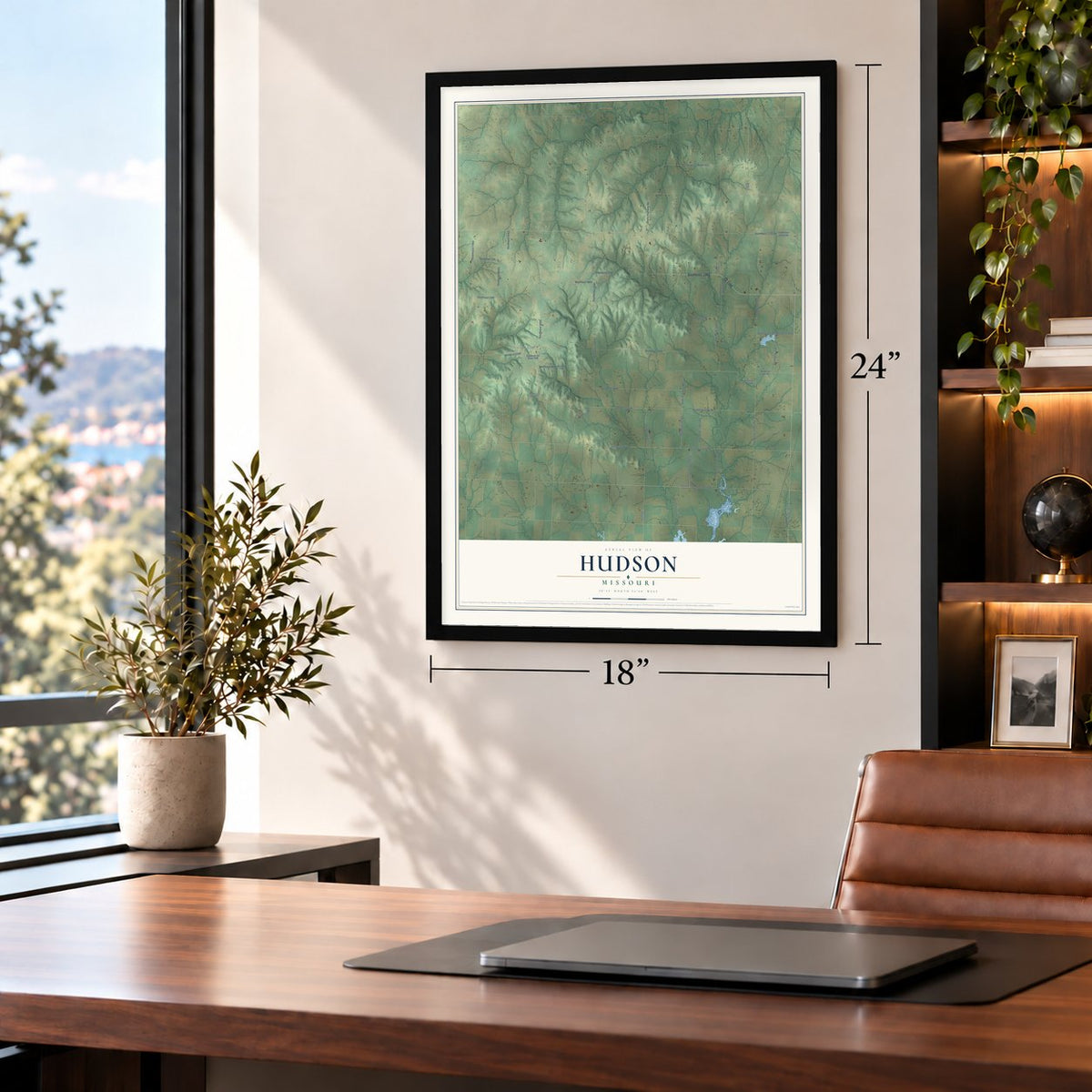 Hudson, Missouri map, 18 x 24 inch print in a black frame in a home office