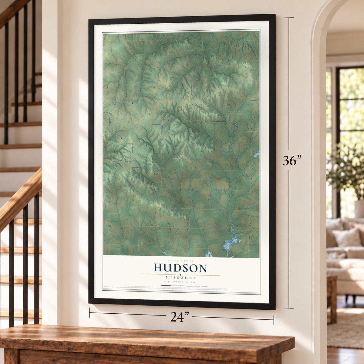 Hudson, Missouri map, 24 x 36 inch print in a black frame by a staircase