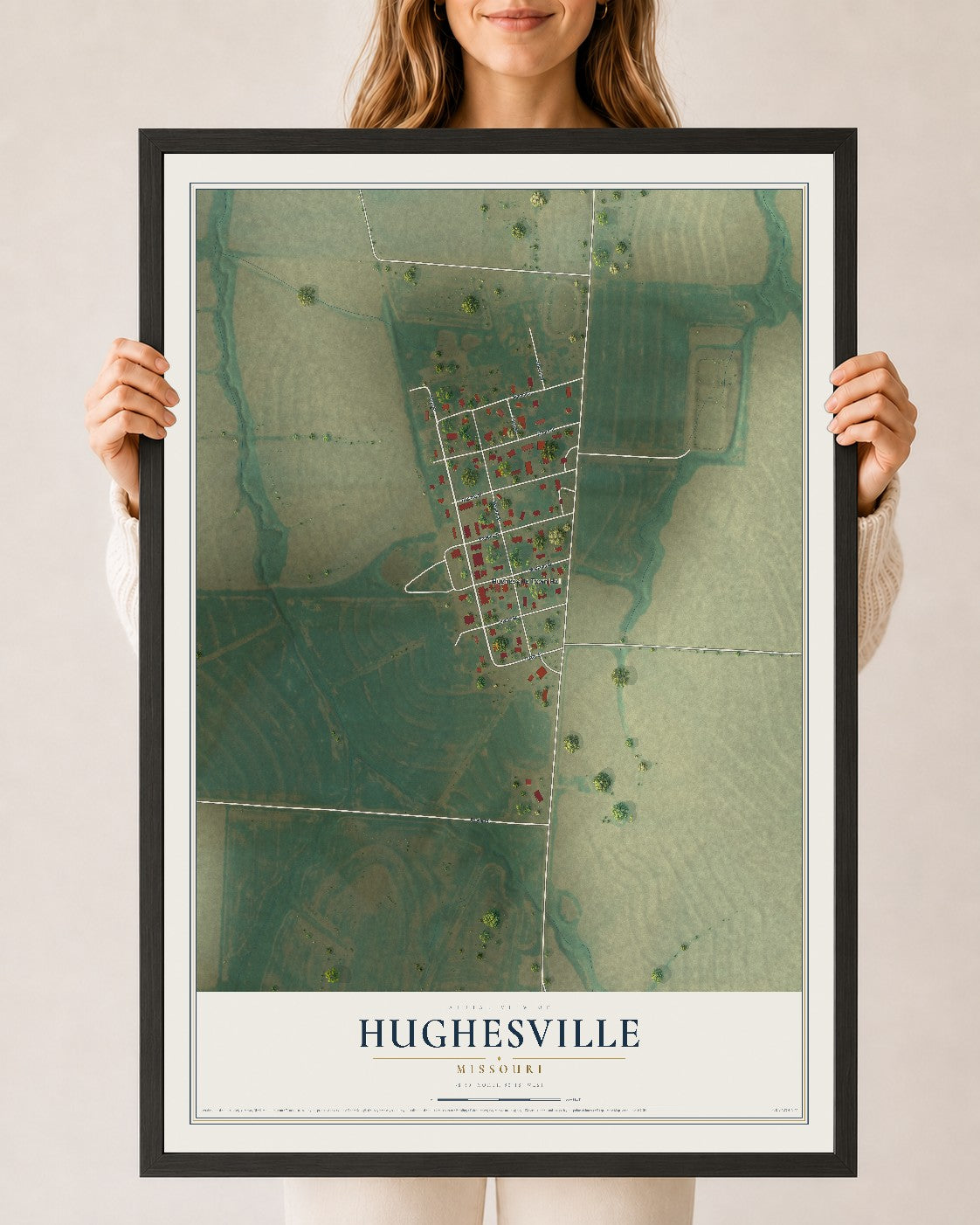 Map of Hughesville, Missouri, 24 x 36 inch print in a black wood frame