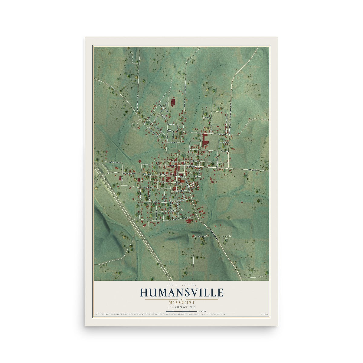 Map of Humansville, Missouri, 12 x 18 inch unframed archival matte print