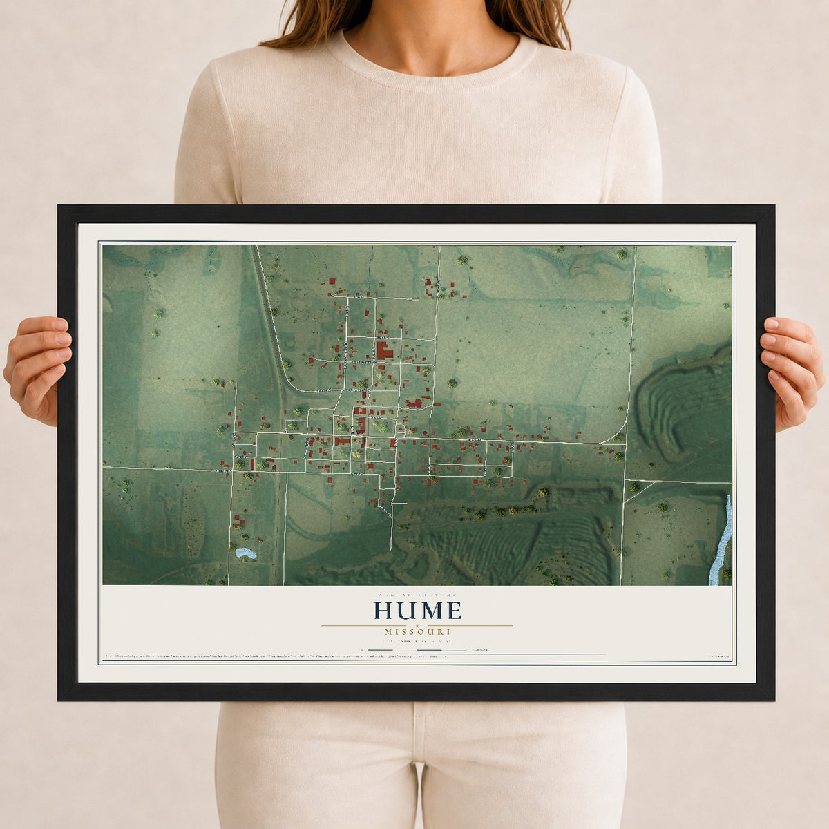 Map of Hume, Missouri, 12 x 18 inch print in a black wood frame