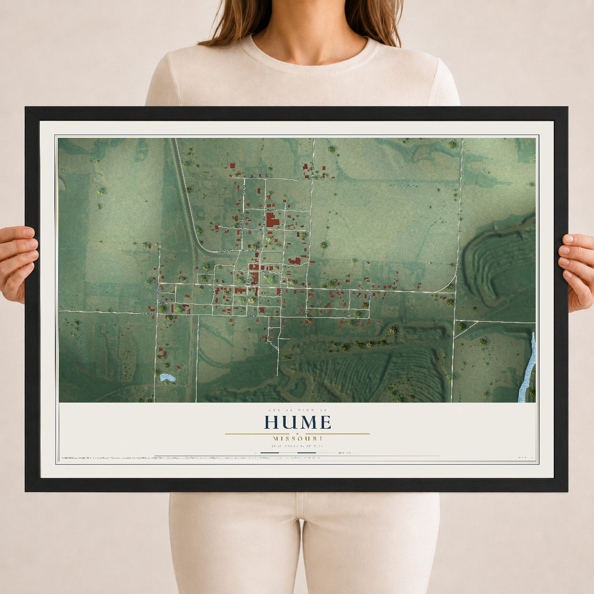 Map of Hume, Missouri, 18 x 24 inch print in a black wood frame