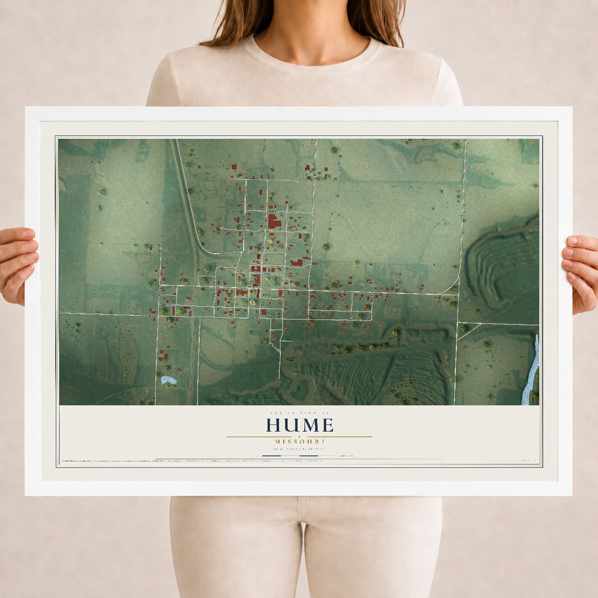 Map of Hume, Missouri, 18 x 24 inch print in a white wood frame