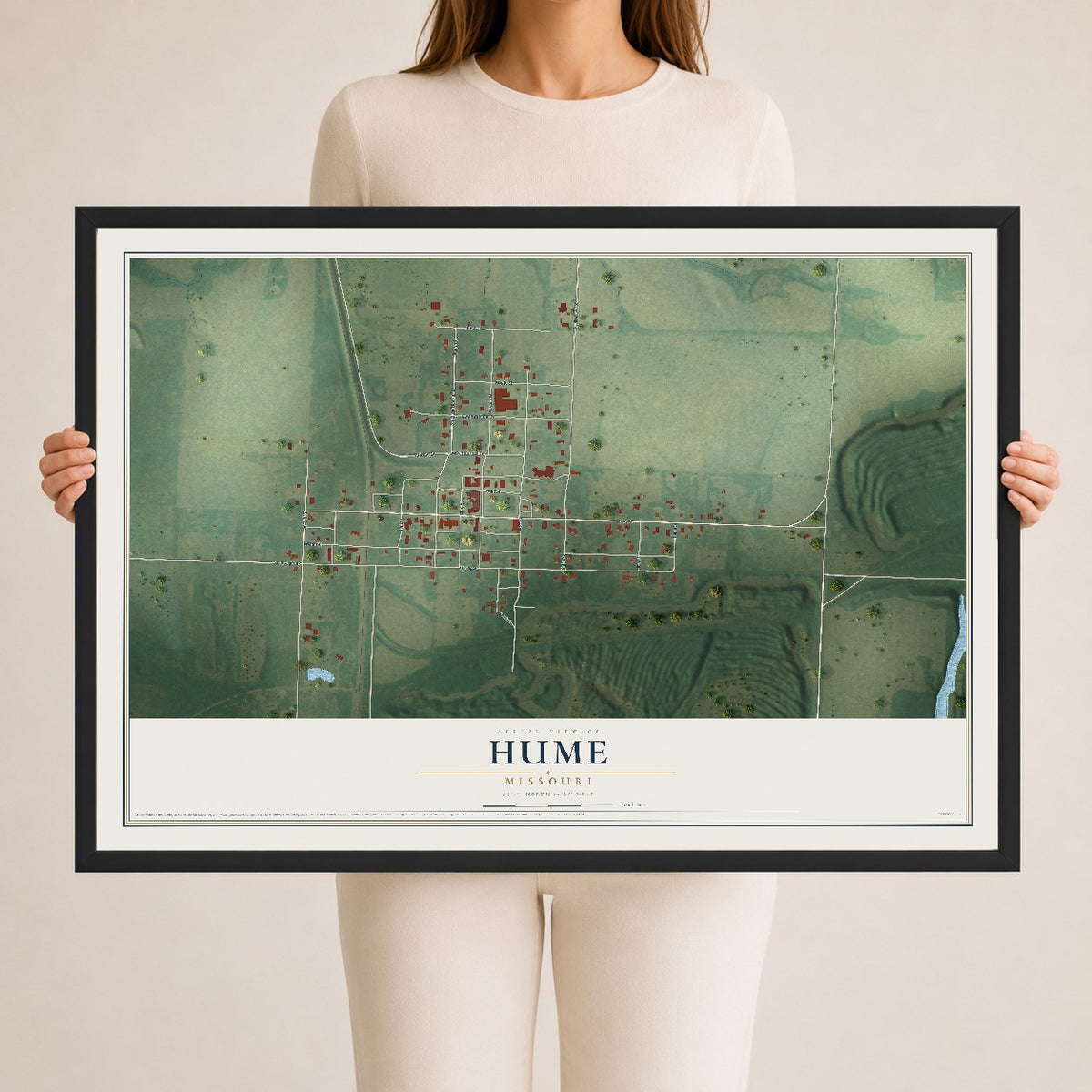 Map of Hume, Missouri, 24 x 36 inch print in a black wood frame