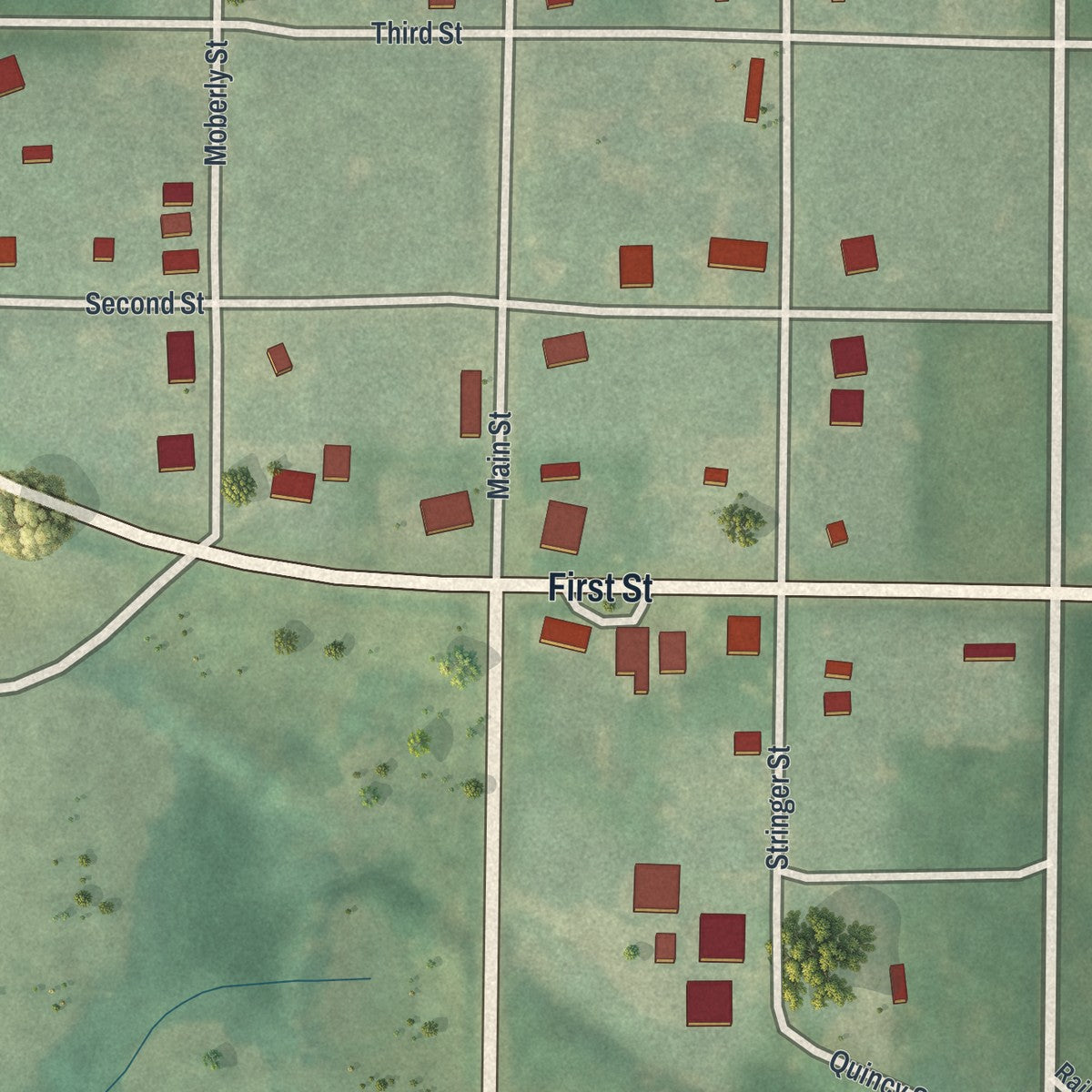 Close-up of the map of Humphreys, Missouri print showing street and building detail