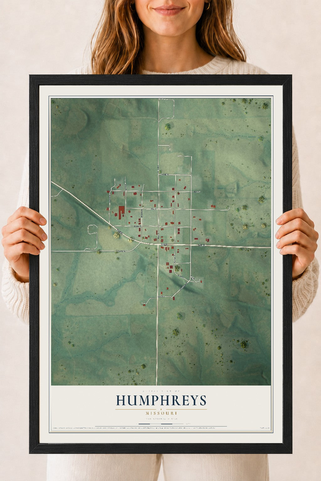 Map of Humphreys, Missouri, 18 x 24 inch print in a black wood frame