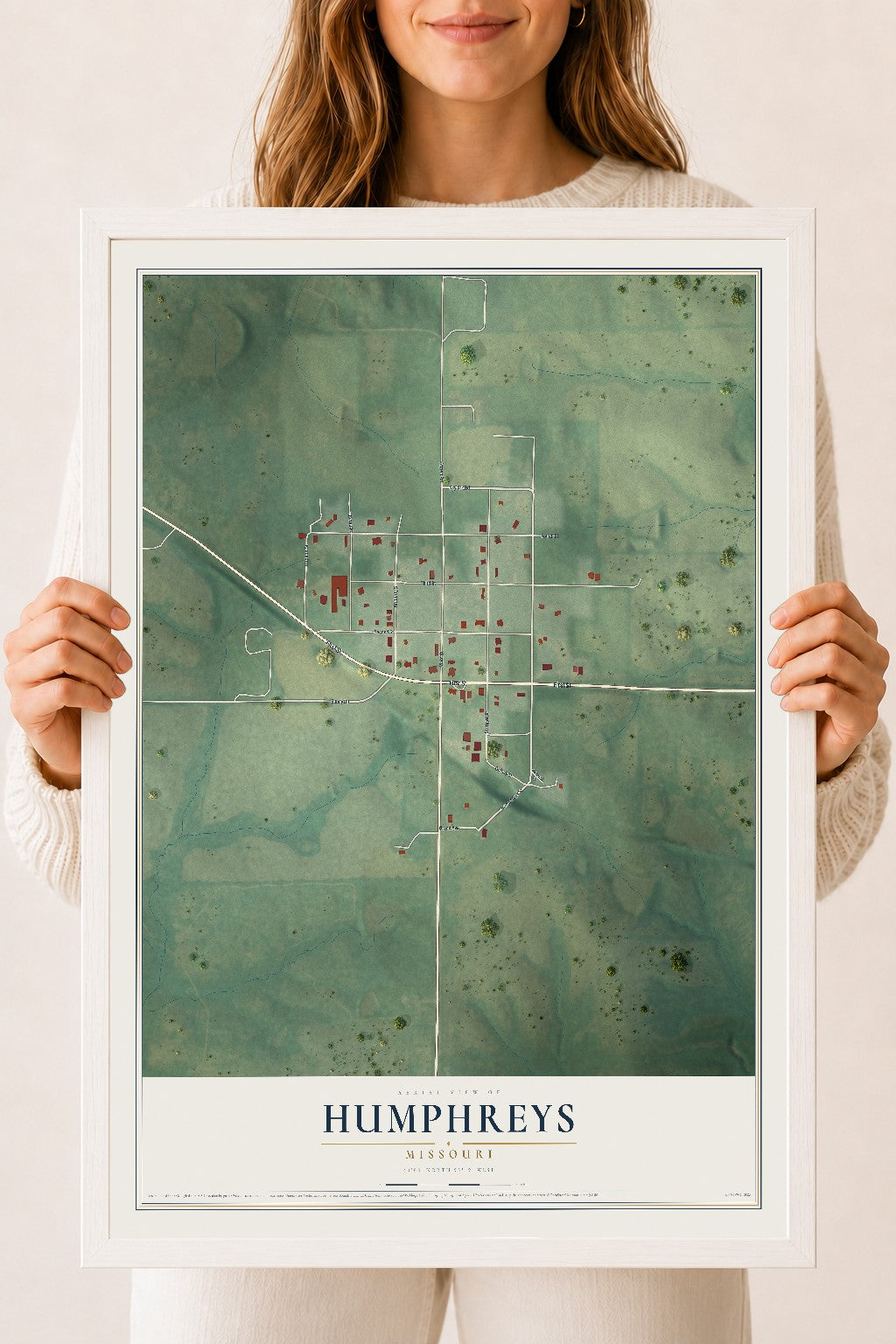 Map of Humphreys, Missouri, 18 x 24 inch print in a white wood frame