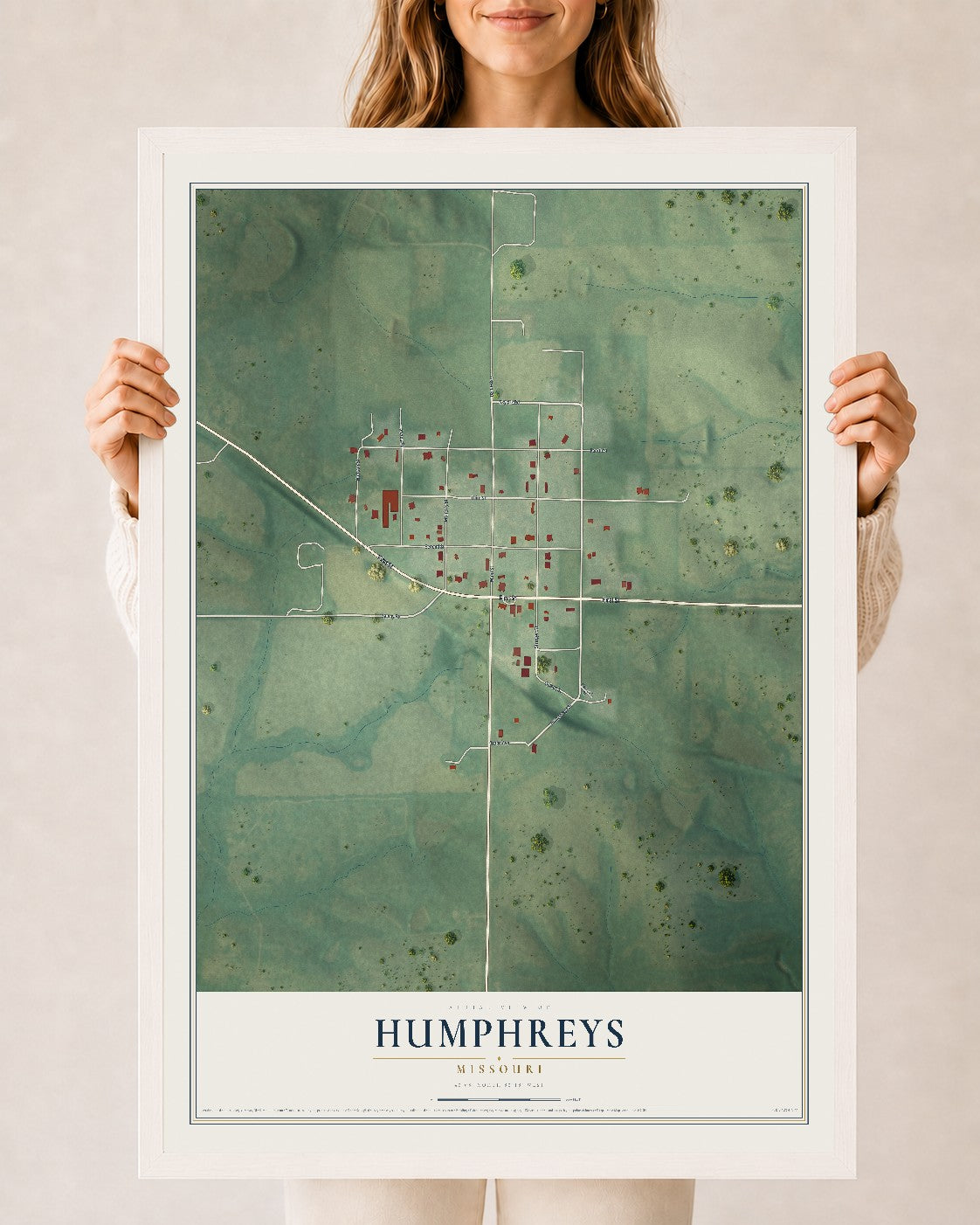 Map of Humphreys, Missouri, 24 x 36 inch print in a white wood frame