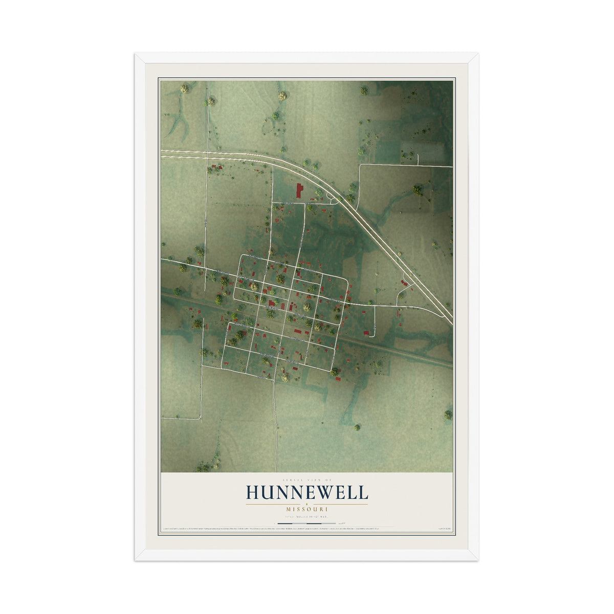 Map of Hunnewell, Missouri, 12 x 18 inch print in a white wood frame