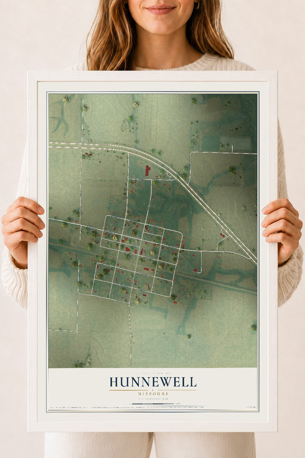 Map of Hunnewell, Missouri, 18 x 24 inch print in a white wood frame