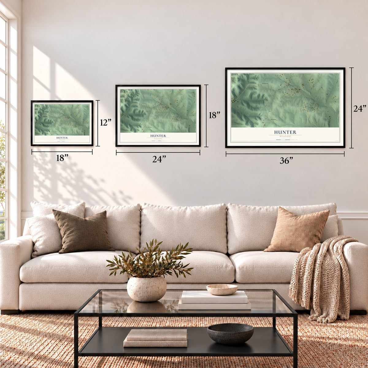 Hunter, Missouri map in 12 x 18, 18 x 24 and 24 x 36 inch sizes above a sofa
