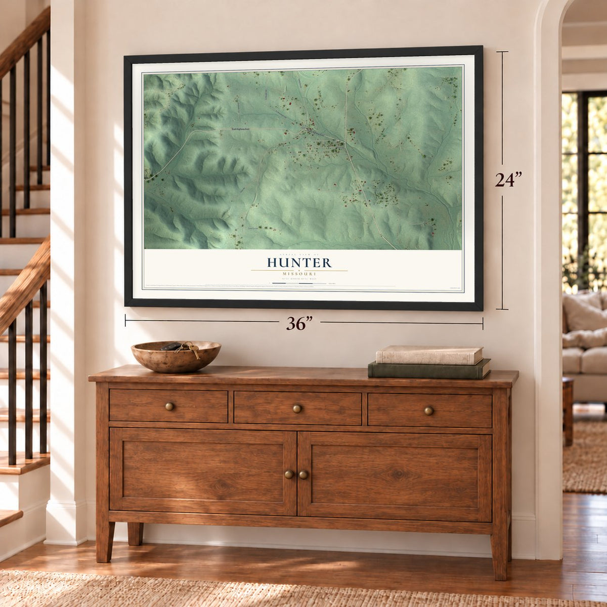 Hunter, Missouri map, 24 x 36 inch print in a black frame above a dresser by a staircase