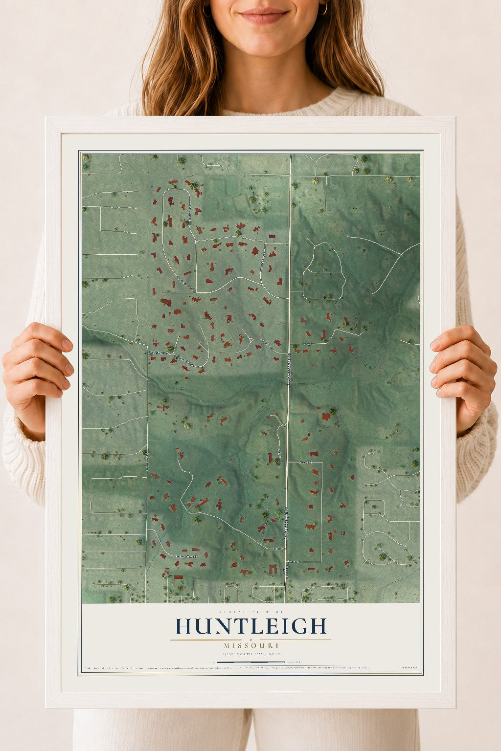 Map of Huntleigh, Missouri, 18 x 24 inch print in a white wood frame