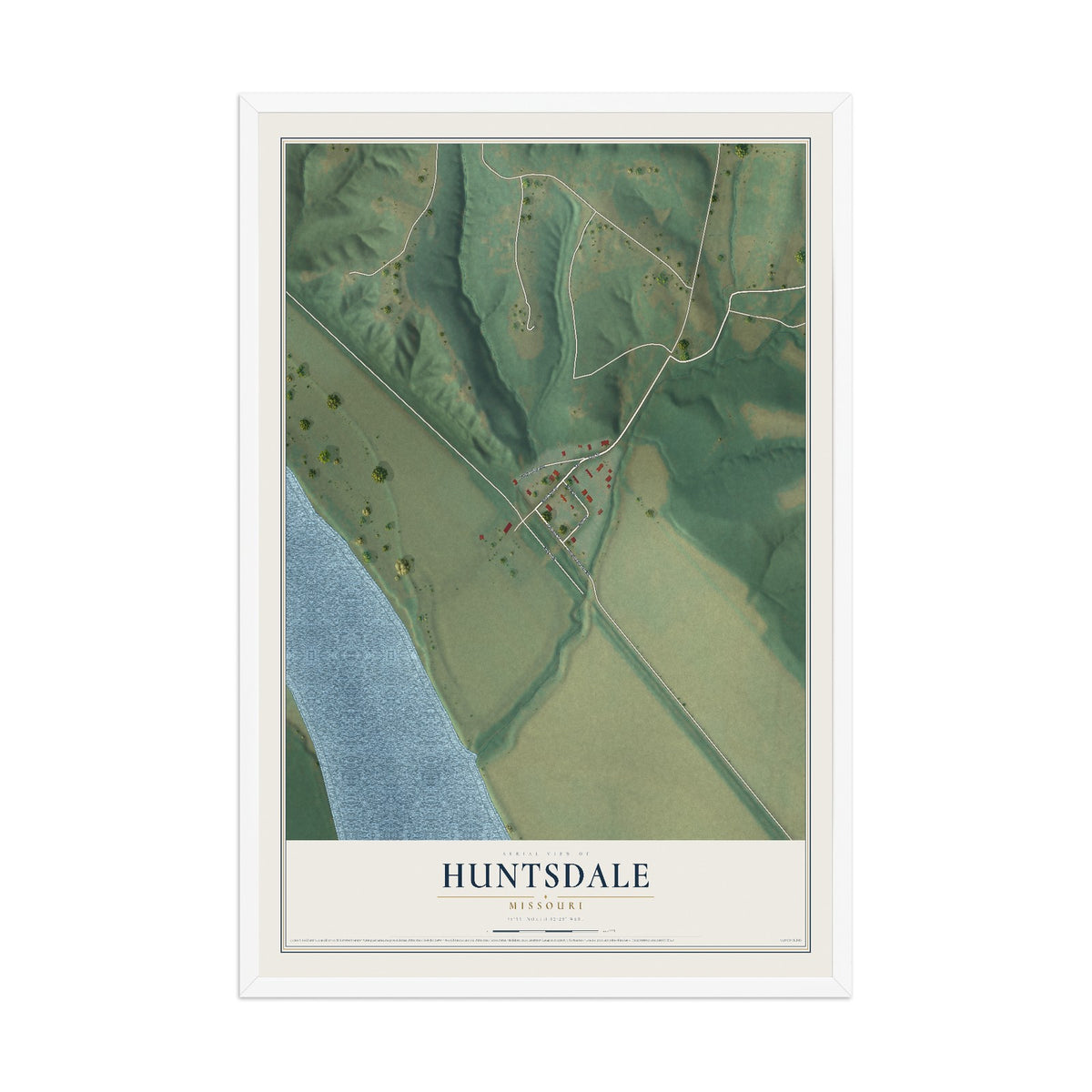 Map of Huntsdale, Missouri, 12 x 18 inch print in a white wood frame