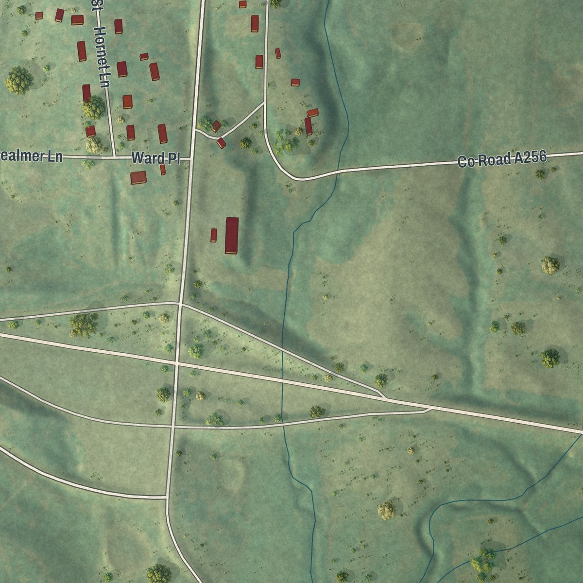 Second close-up of the map of Huntsville, Missouri print showing more streets and buildings
