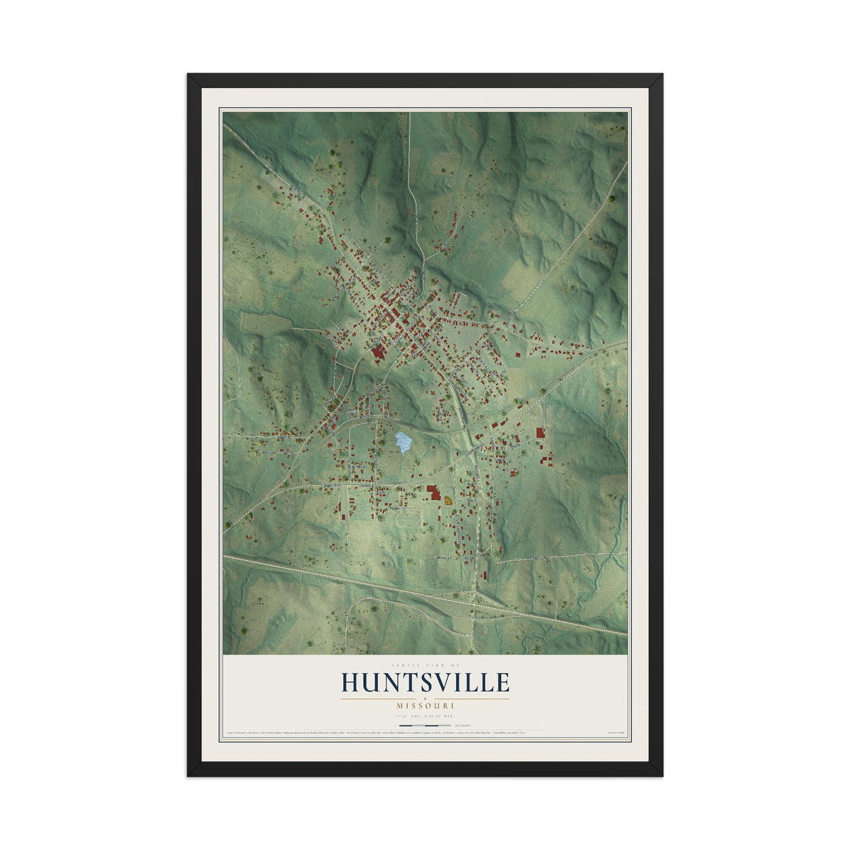 Map of Huntsville, Missouri, 12 x 18 inch print in a black wood frame