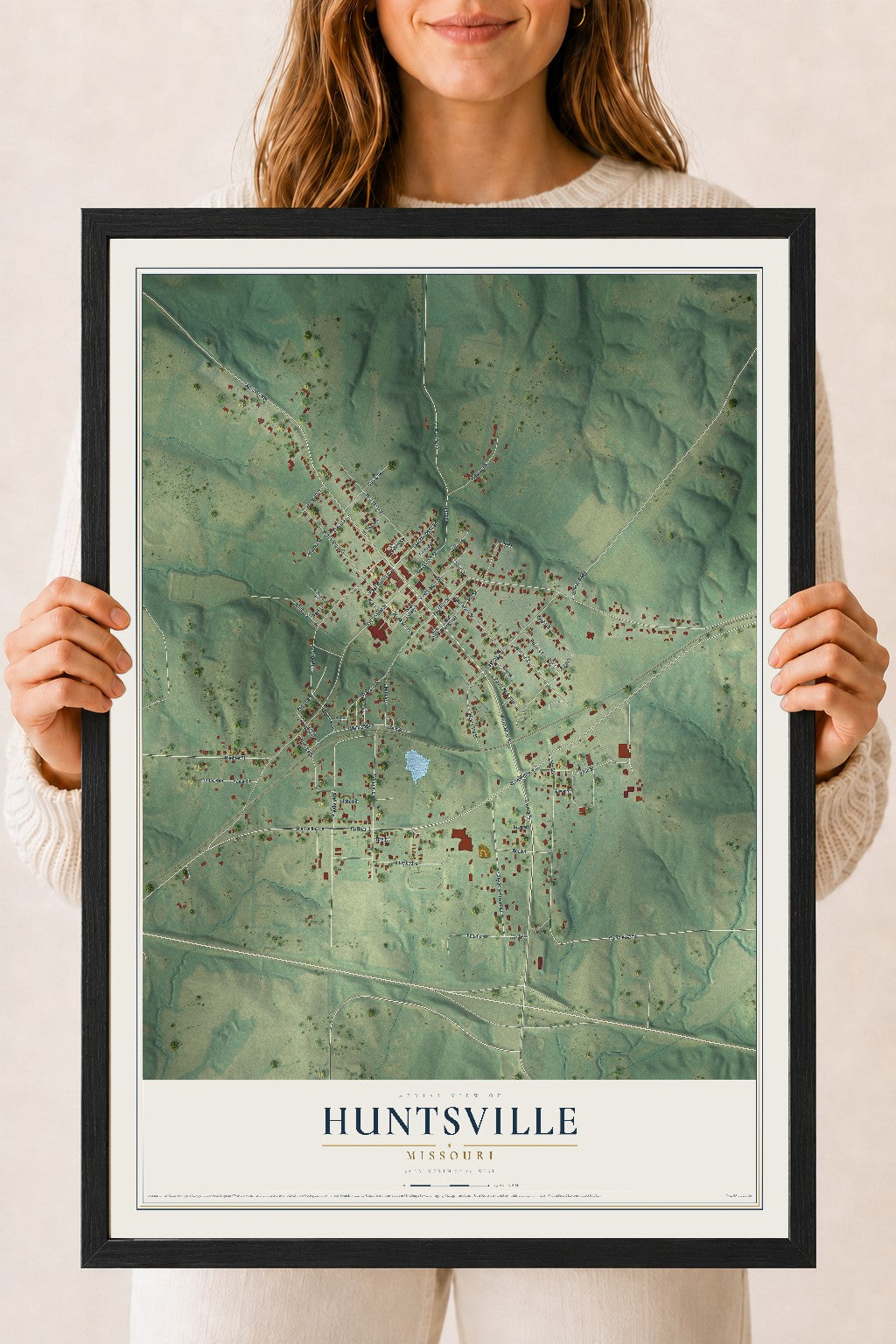 Map of Huntsville, Missouri, 18 x 24 inch print in a black wood frame