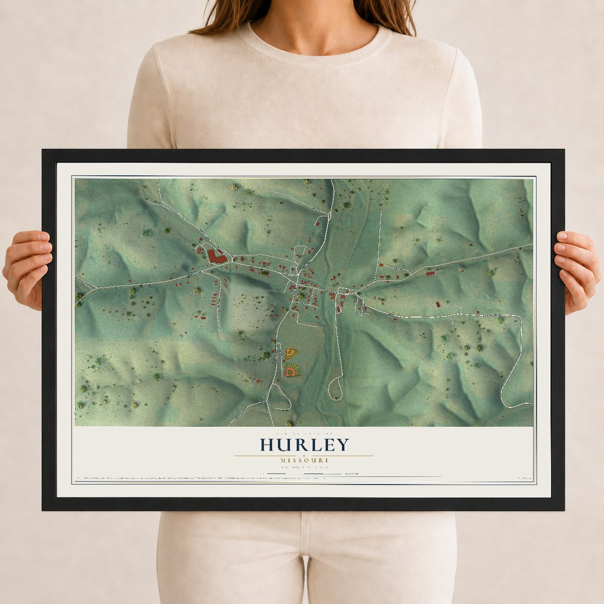 Map of Hurley, Missouri, 12 x 18 inch print in a black wood frame