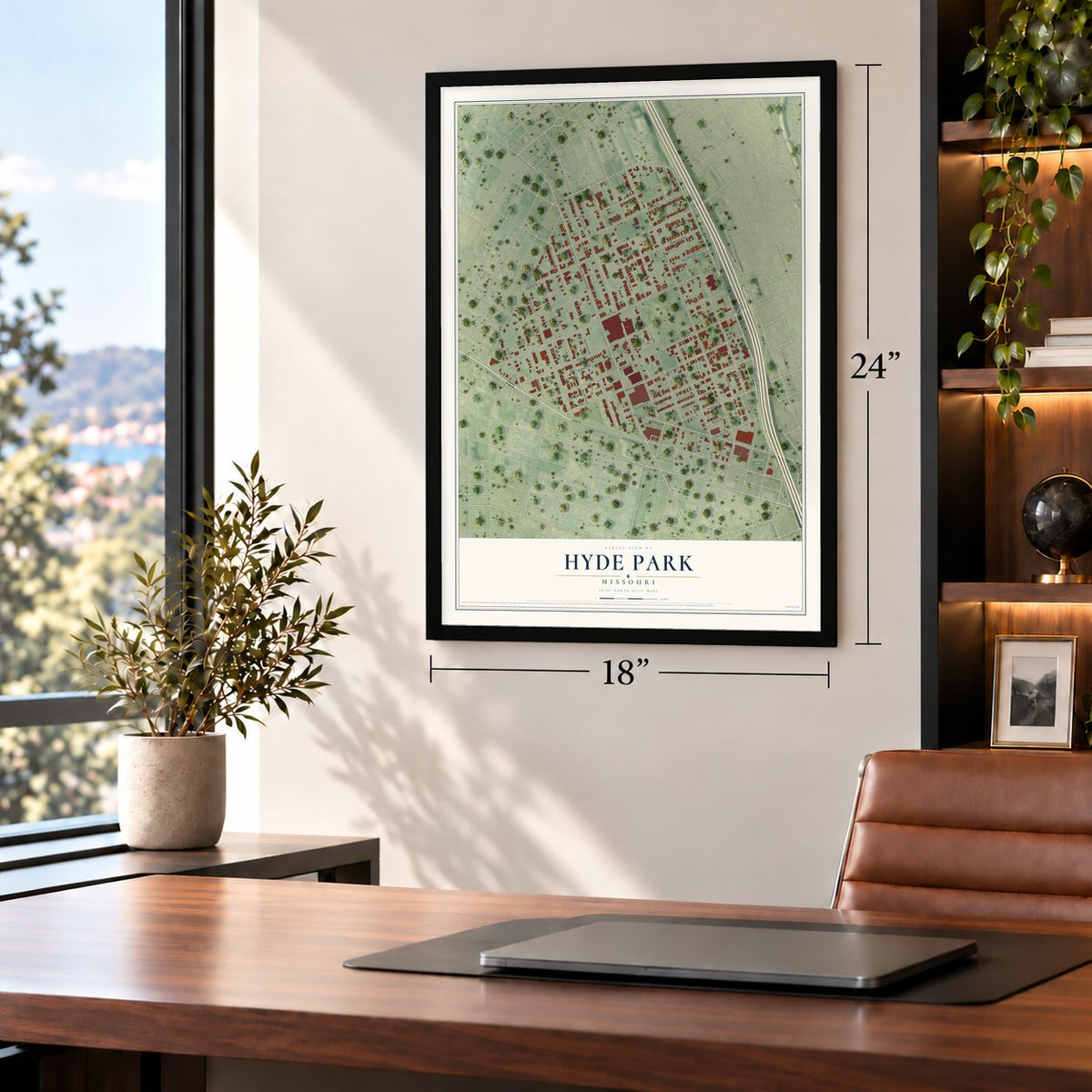 Hyde Park, Missouri map, 18 x 24 inch print in a black frame in a home office