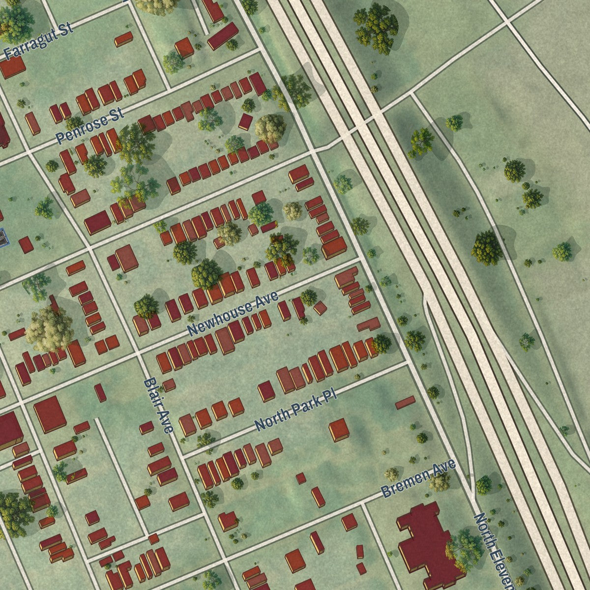 Close-up of the map of Hyde Park, Missouri print showing street and building detail
