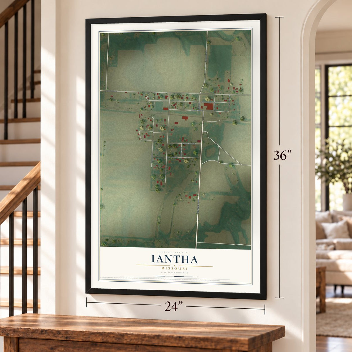 Iantha, Missouri map, 24 x 36 inch print in a black frame by a staircase