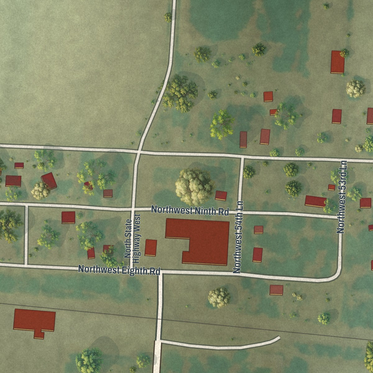 Close-up of the map of Iantha, Missouri print showing street and building detail