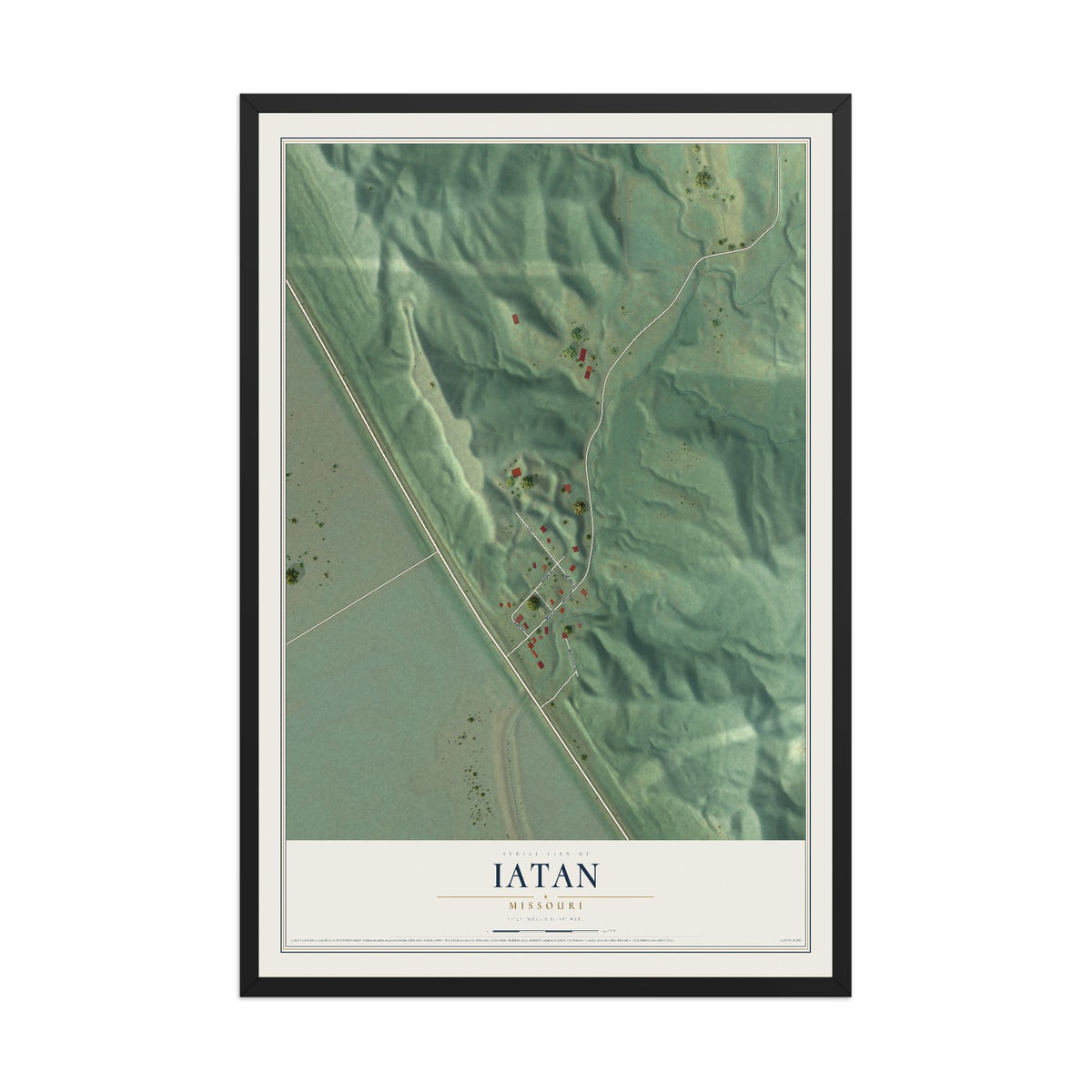 Map of Iatan, Missouri, 12 x 18 inch print in a black wood frame