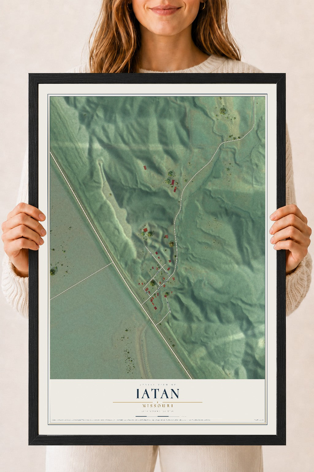 Map of Iatan, Missouri, 18 x 24 inch print in a black wood frame