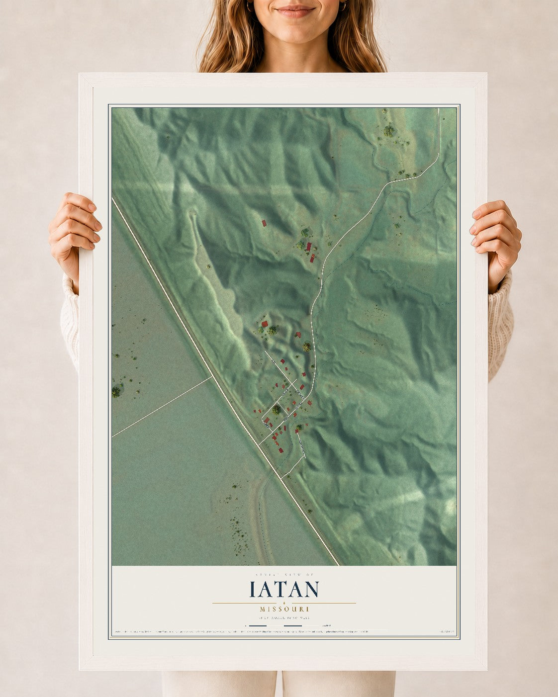 Map of Iatan, Missouri, 24 x 36 inch print in a white wood frame