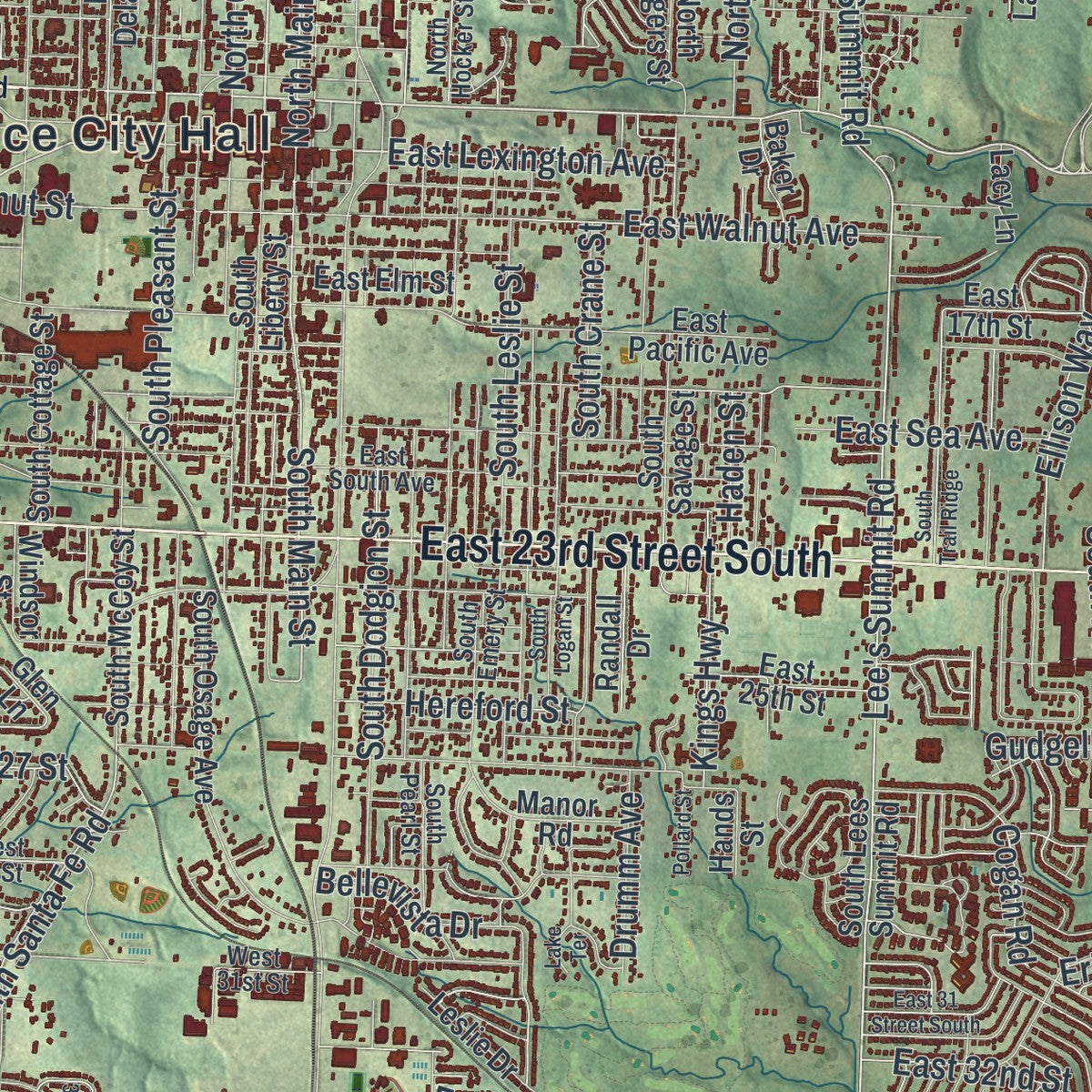Close-up of the map of Independence, Missouri print showing street and building detail