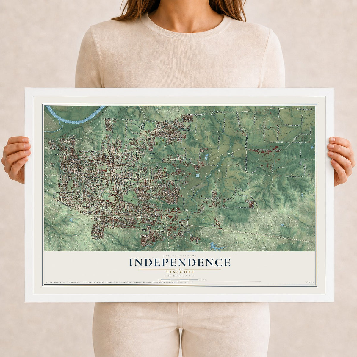 Map of Independence, Missouri, 12 x 18 inch print in a white wood frame