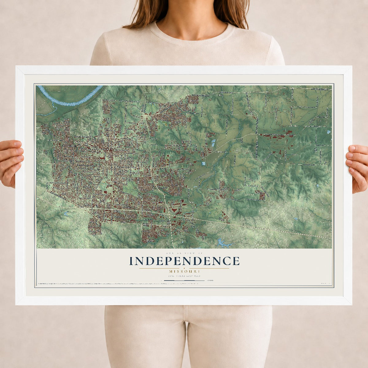 Map of Independence, Missouri, 18 x 24 inch print in a white wood frame