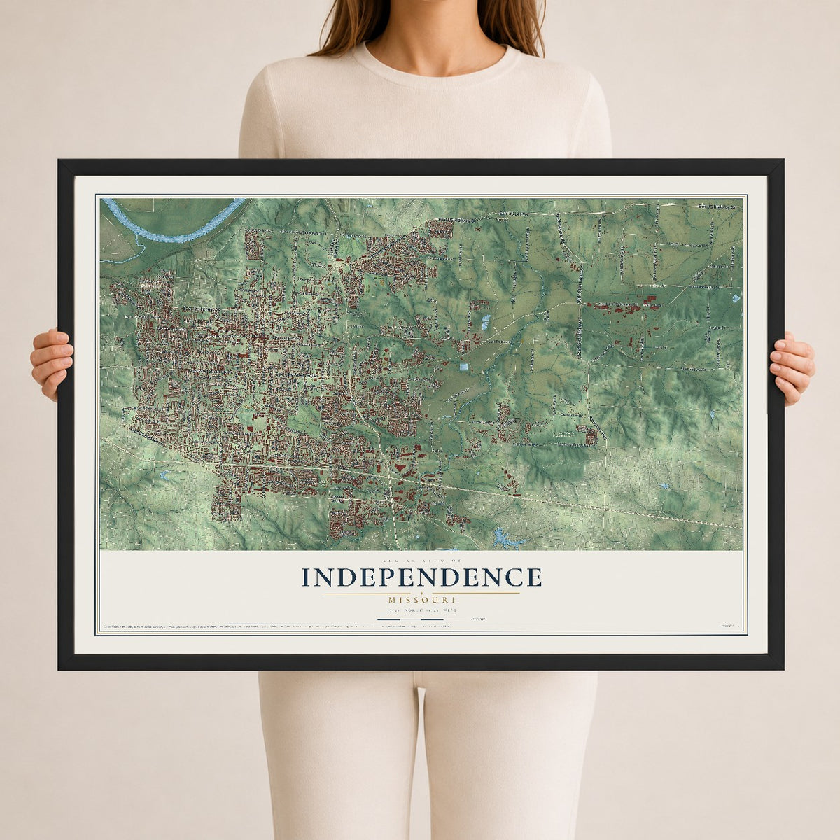 Map of Independence, Missouri, 24 x 36 inch print in a black wood frame