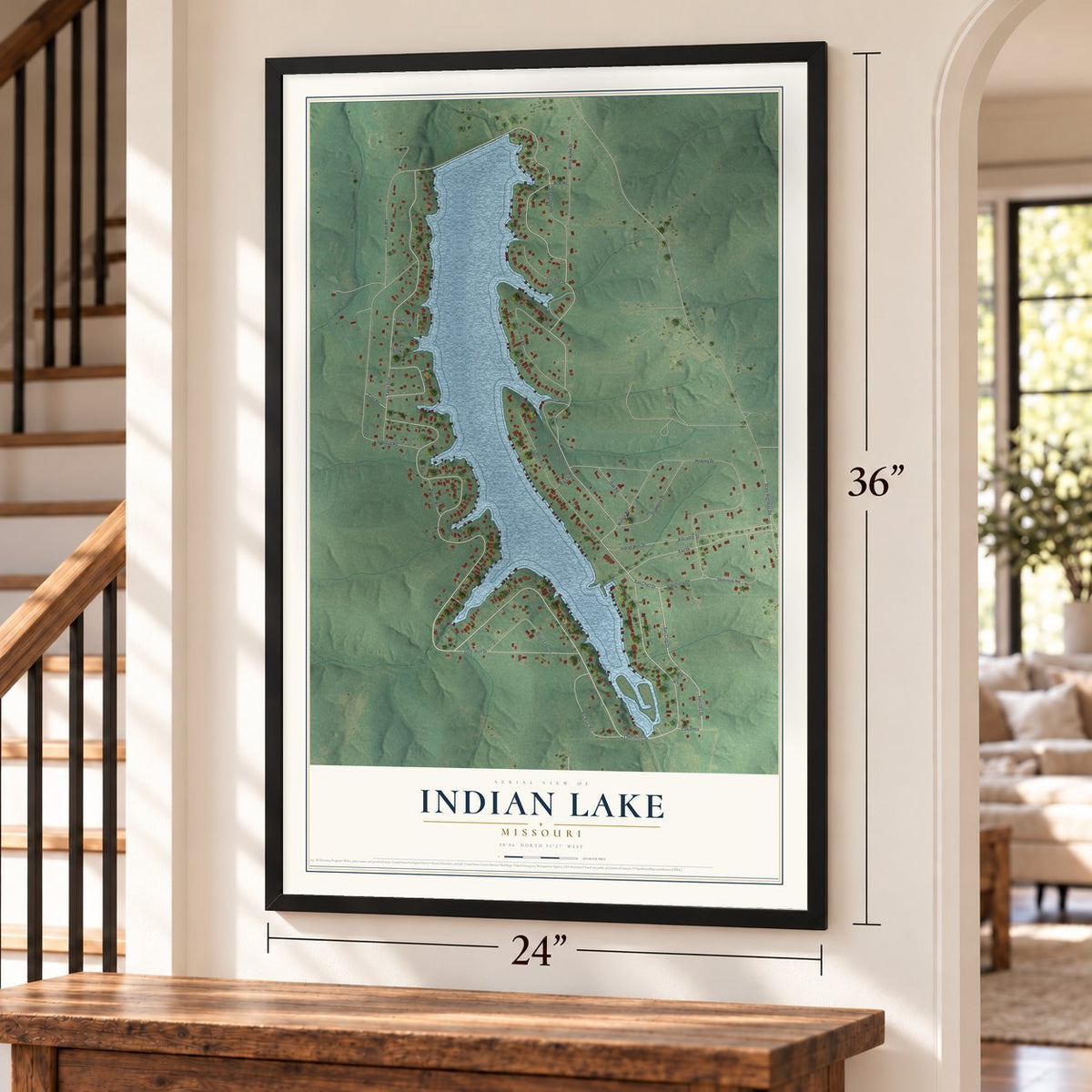 Indian Lake, Missouri map, 24 x 36 inch print in a black frame by a staircase